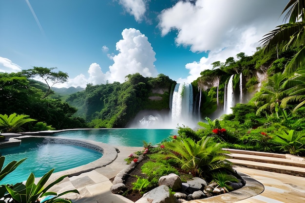 Majestic Waterfall in Tropical Forest Landscape