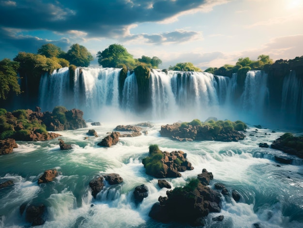 Majestic waterfall with lush greenery on a clear sky day embodying the concept of natural beauty Generative AI