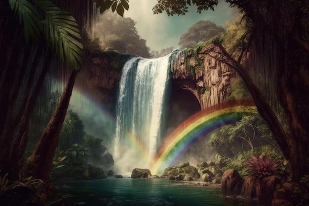 Majestic waterfall with a rainbow in front surrounded by lush greenery