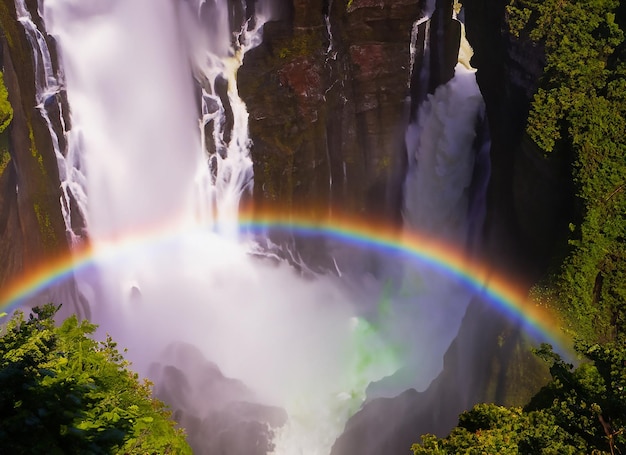 Photo majestic waterfalls cascading from a steep cliff water turning into a rainbow mist below