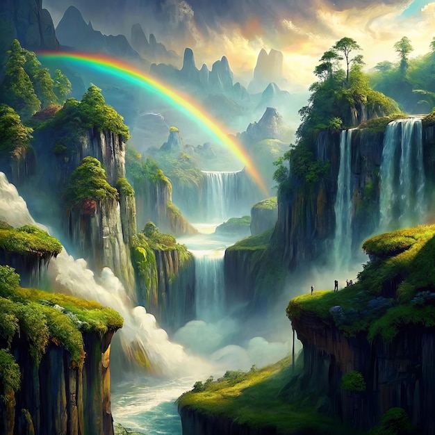 Majestic Waterfalls and Rainbow