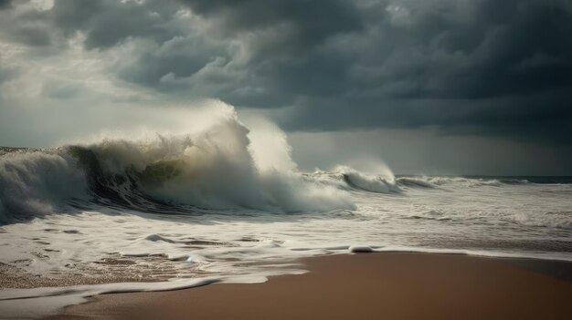 Majestic Waves Cresting Under a Brooding Sky at Dusk on a Secluded Beach