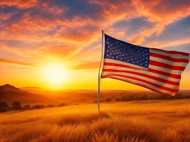 A majestic waving American flag illuminated by a bright golden sunrise