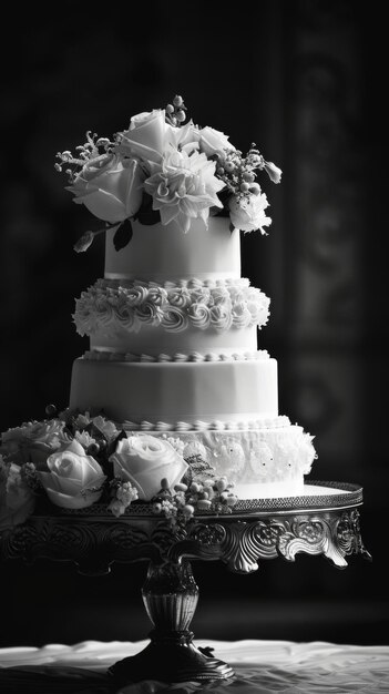 Photo a majestic wedding cake adorned with vibrant flowers on top