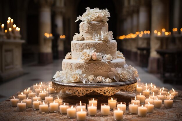 Majestic wedding cake with lace and delicate flowers generative IA