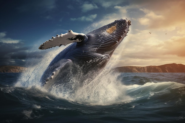 Majestic whale breaching in the open ocean