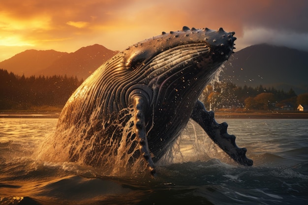 Majestic whale emerges at the ocean sunset generative IA