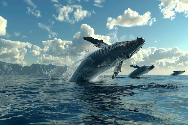 Majestic whales breaching in the open ocean