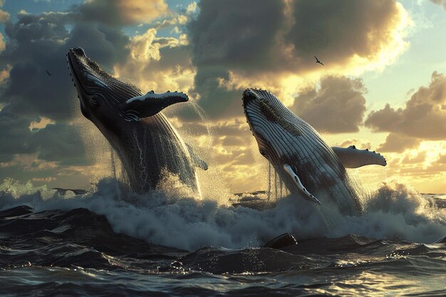 Majestic whales breaching in the open ocean