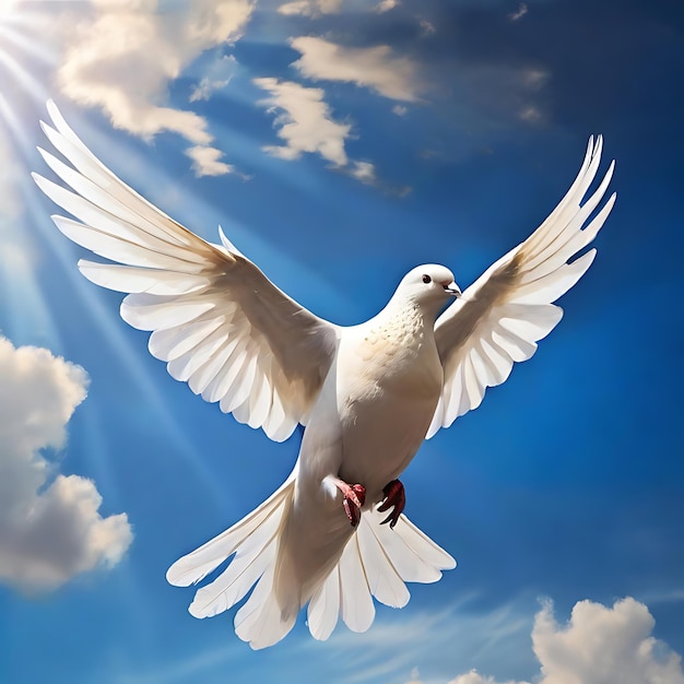 Photo a majestic white and black dove soaring through a vibrant blue sky generated by ai