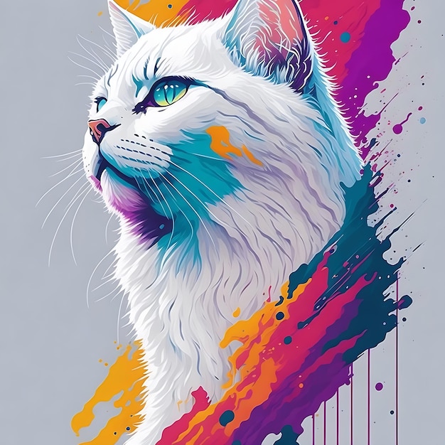 A majestic white cat perched atop a vibrant abstract flat background