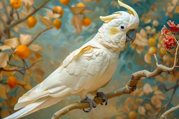 Majestic White Cockatoo Perched on a Tree Branch with Vibrant Orange Berries Against a Blue