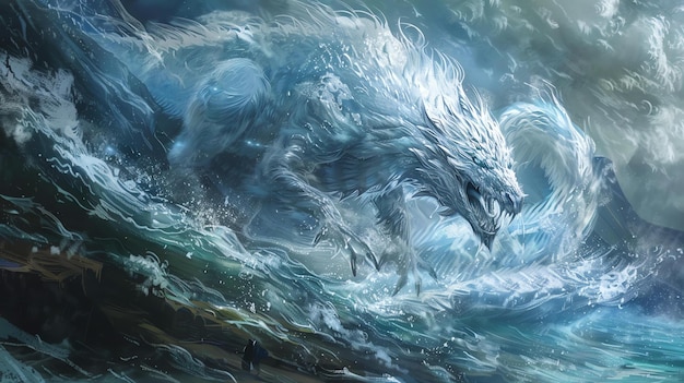 Photo a majestic white dragon emerges from the stormy sea its powerful wings outstretched as it soars above the waves