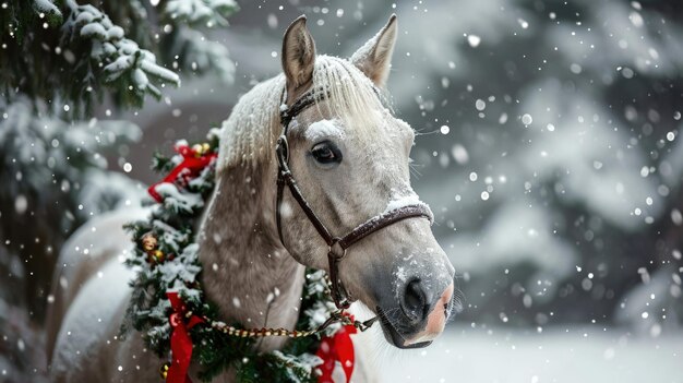 Photo a majestic white horse adorned with a festive christmas wreath