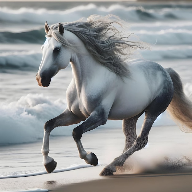 Photo majestic white horse galloping along the beach at sunset