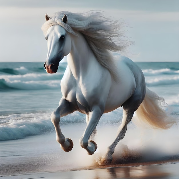 Majestic White Horse Galloping Along the Beach at Sunset