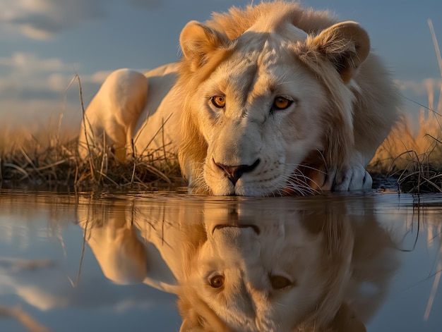 Foto il maestoso leone bianco placa la sete in un pozzo d'acqua nel suo habitat naturale