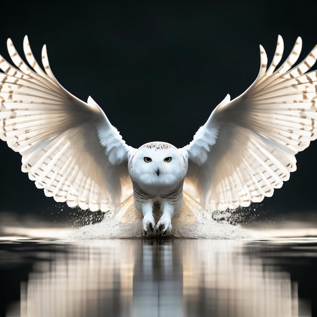 Majestic White Owl in vlucht over water AI gegenereerd