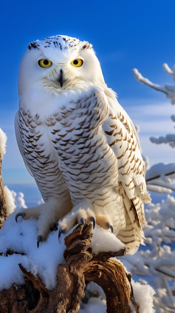 A majestic white owl perched on a tree branch