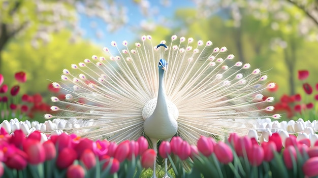 A majestic white peacock stands proudly in a field of vibrant pink tulips