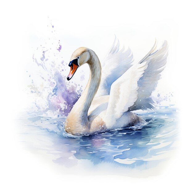 Photo majestic white swan bathing gracefully in sunlit waters digital watercolour painting on white