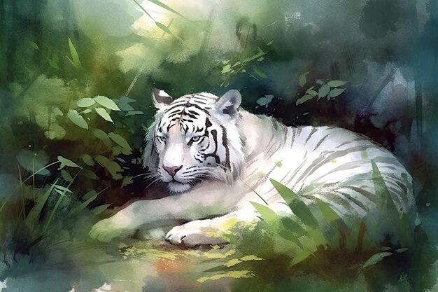 Majestic white tiger resting in a lush green field Generative AI