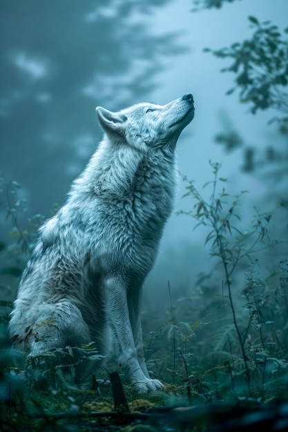 マジェスティック・ホワイト・ウルフが霧の森で鳴き叫ぶ 夕暮れの野生の犬 自然の生息地 エーテル