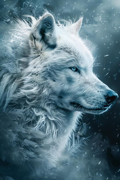 Majestic White Wolf in Ethereal Blue Winter Fantasy Scene met sneeuwvlokken