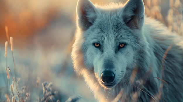 雪 の 荒野 の 中 の 壮大な 白い 狼 野生 の 美 の 肖像