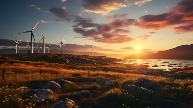 majestic wind farm at sunset renewable energy concept