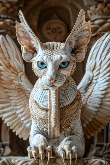 Majestic Winged Sphynx Cat Sculpture met ingewikkelde details en piercing blauwe ogen