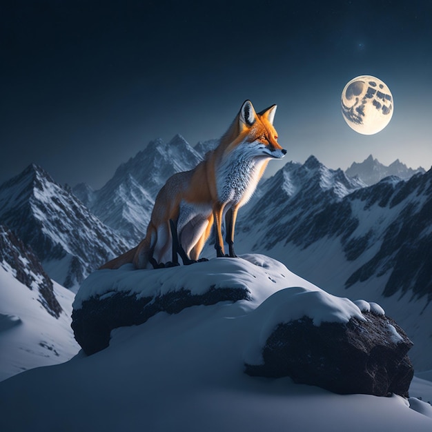 A majestic winter fox perched atop a snowcovered mountain illuminated by the soft light of a full