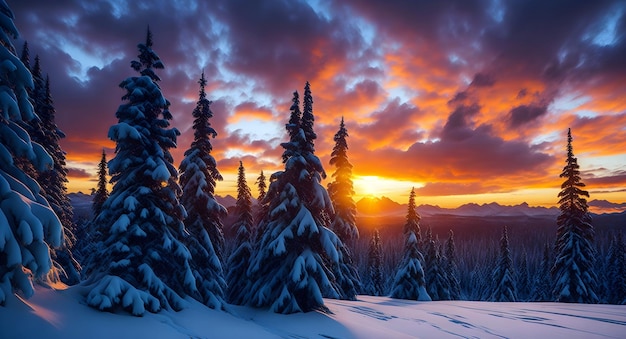 A majestic winter landscape wallpaper featuring a snowcovered pine forest