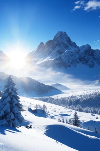 A majestic winter scene with snowcapped mountains a bright blue sky and the sun's rays beaming