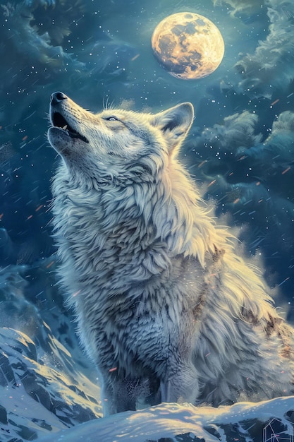 Majestic Wolf Howling at the Moon on a Snowy Mountain Night Wildlife and Nature Art Illustration (Majestueuze wolf huilend naar de maan op een besneeuwde bergnacht)