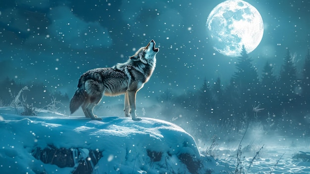 Majestic Wolf Howling Under Full Moon in Snowy Winter Landscape at Nighttime