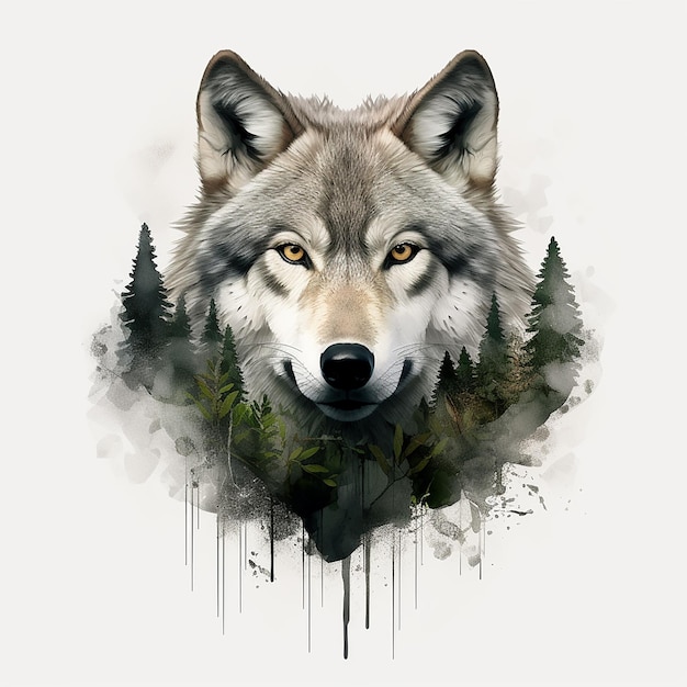 Majestic Wolf Portrait on Forest and White Background