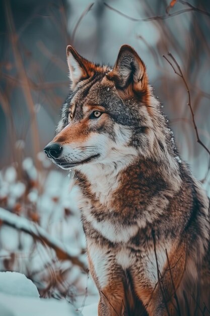 雪に覆われた森の壮大なオオカミ 自然の生息地の野生動物