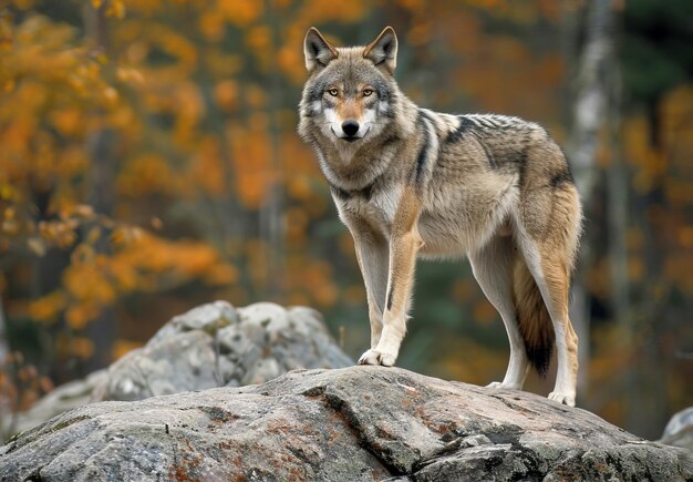 Majestic wolf standing on a rock in autumn forest