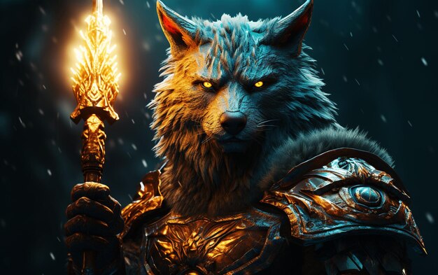 Majestic Wolf Warrior High Detail Illustration of a Wolf in Armor Wielding a Spear