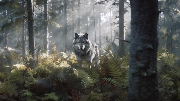 Majestic wolf watching the camera in the forest