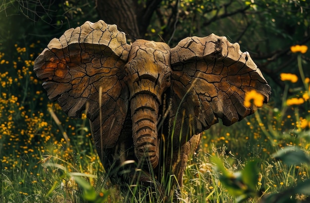 Majestic Wooden Elephant Sculpture in a Lush Meadow