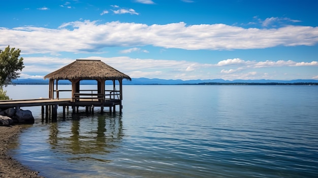 Photo majestic wooden gazebo on tranquil lake traunstein