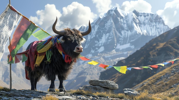 A majestic yak stands on a rocky hilltop in the Himalayas The yak is adorned with colorful prayer flags and has a serene expression on its face