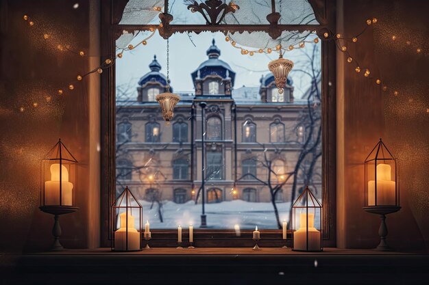 Majestical palace with warm lanterns and snowflakes on the window