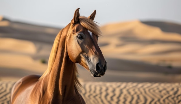 Foto majestueus arabisch paard dat trots in het uitgestrekte paardenbeeld van het woestijnlandschap staat