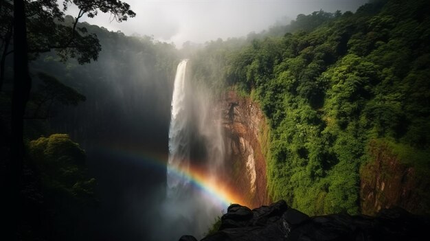 Majestueus berglandschap met een betoverende waterval en regenboog