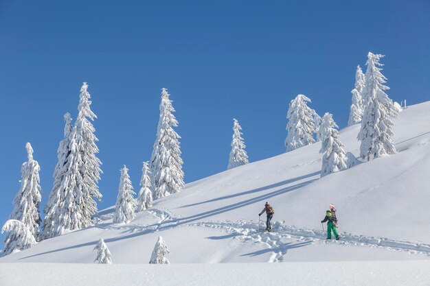 Majestueus berglandschap op een koude winterochtend met twee wandelaars met rugzakken