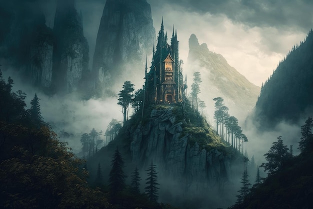 Majestueus elfenkasteel bovenop het bos omringd door mistige wolken