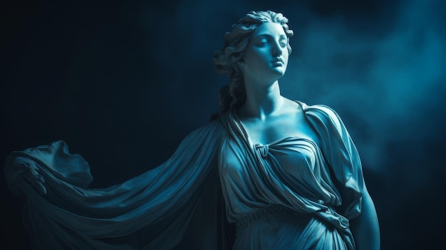 Foto majestueus griekse godin standbeeld in hemelse blauwe toga stralende sereniteit
